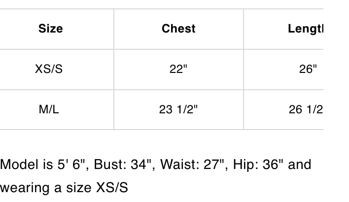 size chart