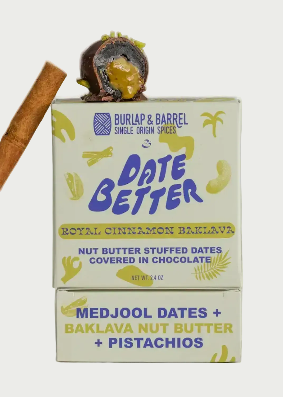 Burlap & Barrel Date Better packaging with ingredients on a light gray background