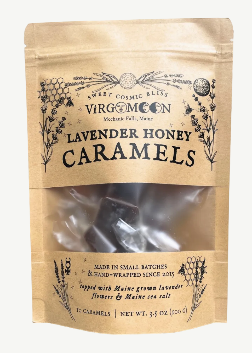 Kraft paper packaging of Lavender Honey Caramels with Virgo Moon branding 