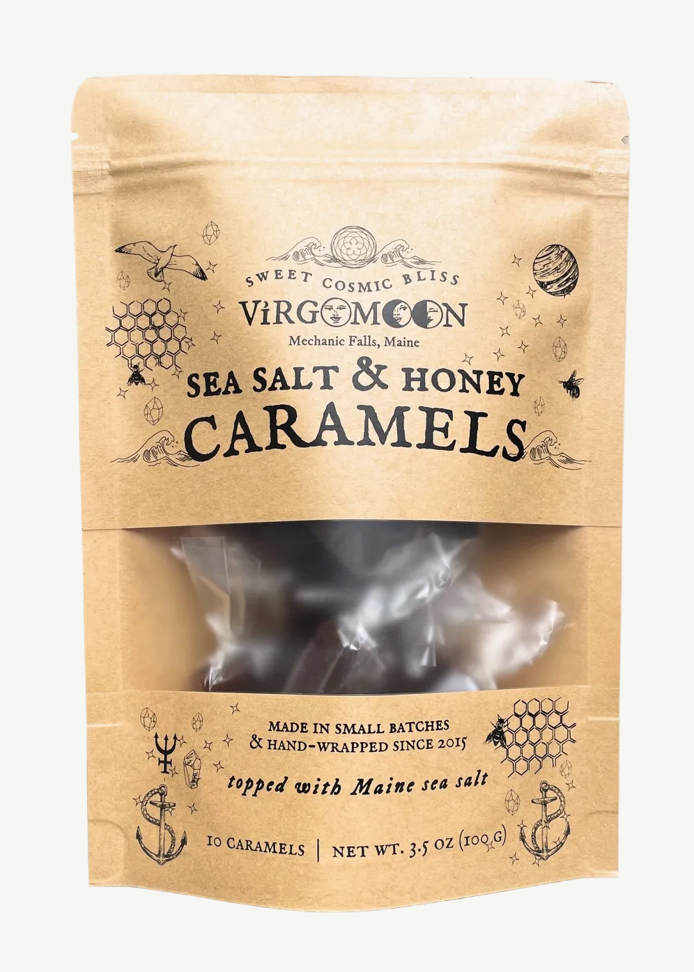 Kraft paper packaging of Virgo Moon sea salt and honey caramels