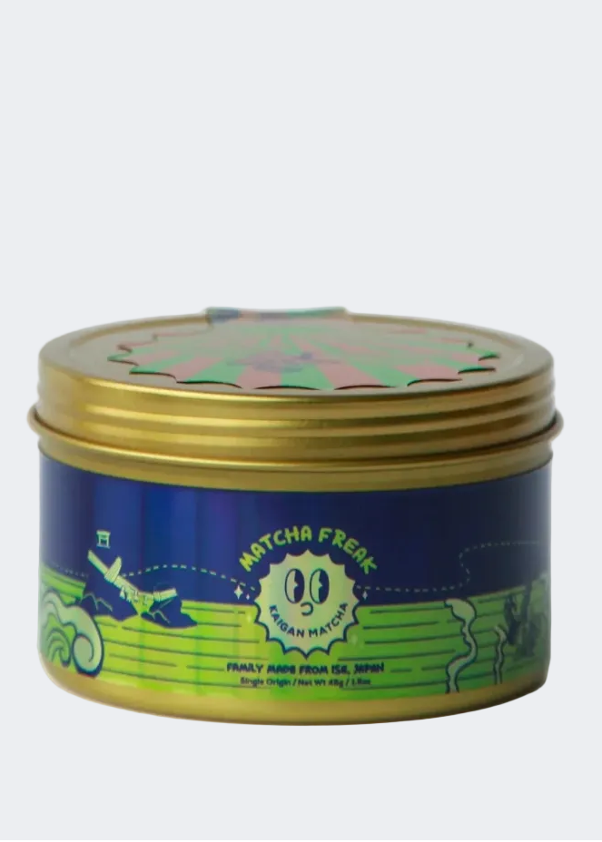Matcha Freak tea tin with blue and green design on a white background