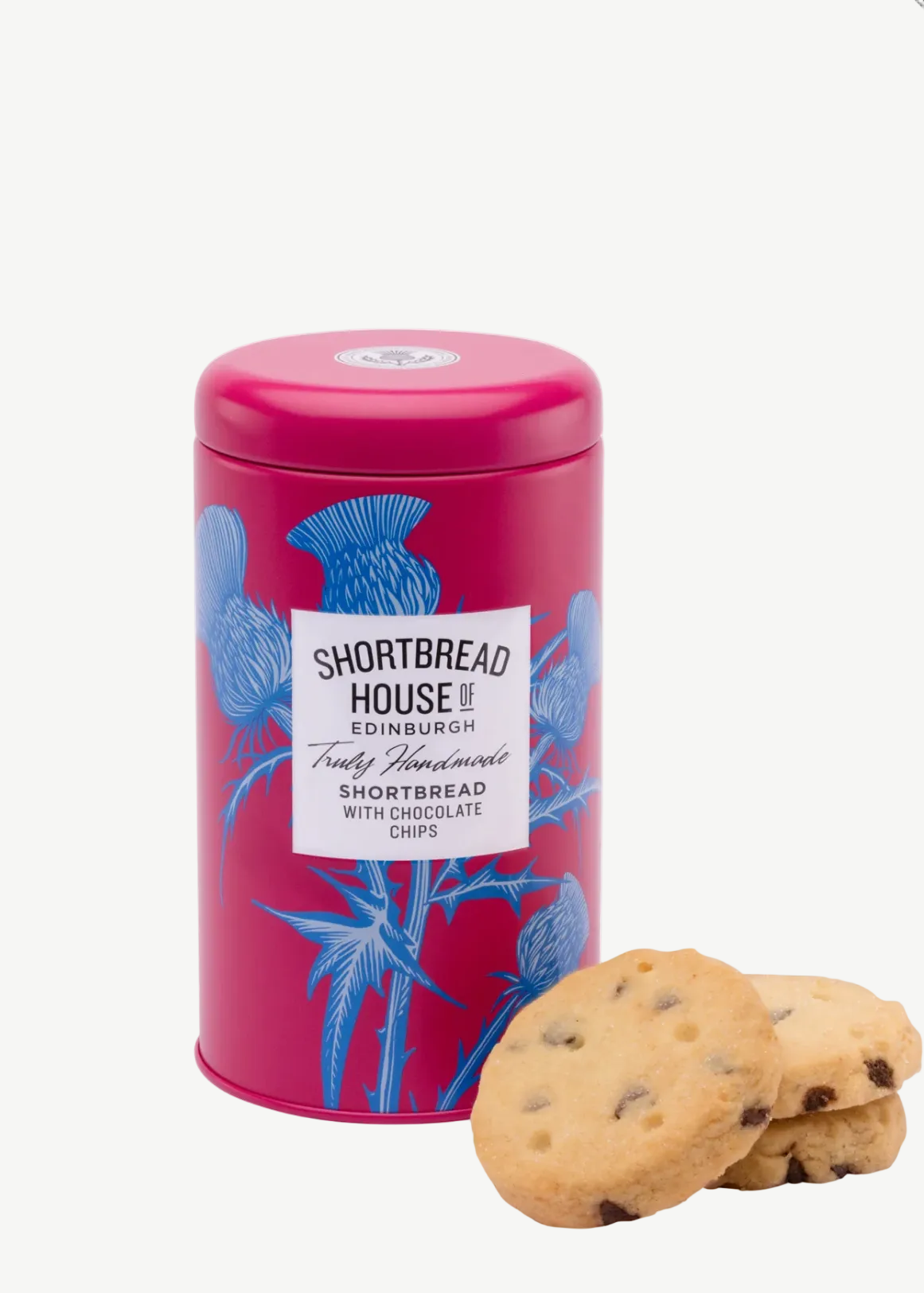 Pink tin with blue floral design labeled 'Shortbread House' and two cookies on a white background