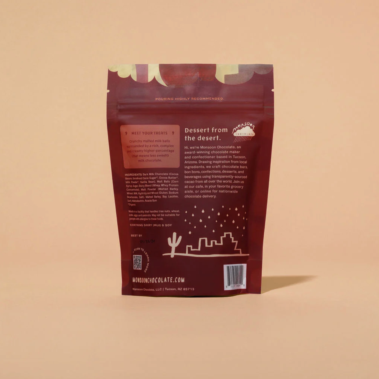 Chocolate packaging with text and graphics on a beige background