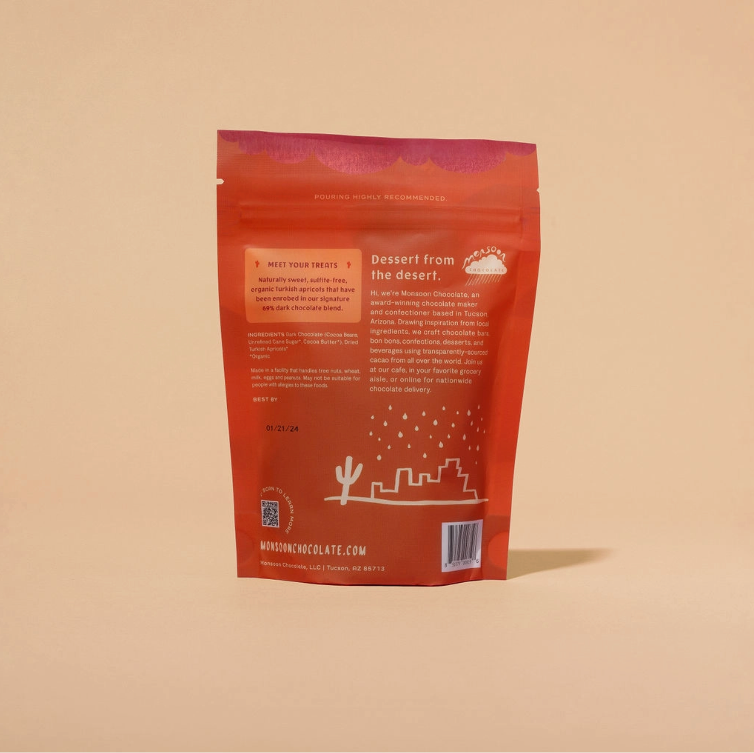 Red packaging with text and graphics on a beige background