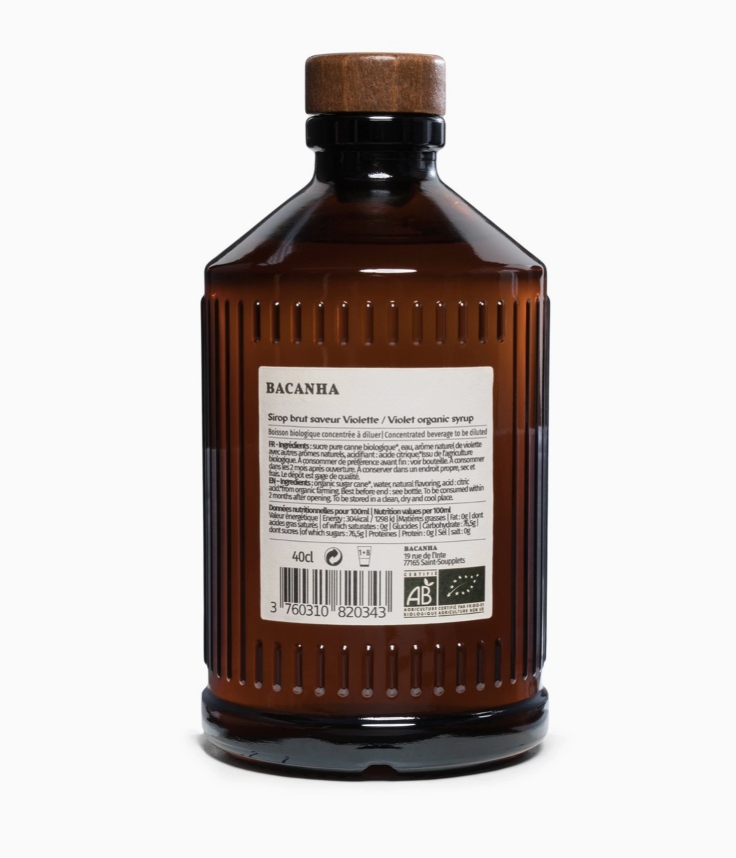 back of brown bottle with white label and black text