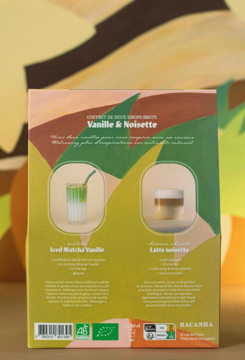 back of package with green, yellow an drown painterly designs