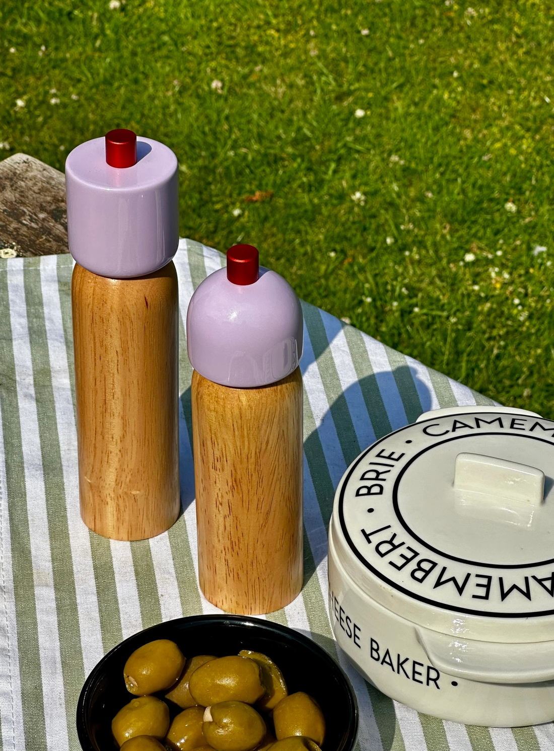 picnic setup with two grinders, olives and cheese on a striped blanket
