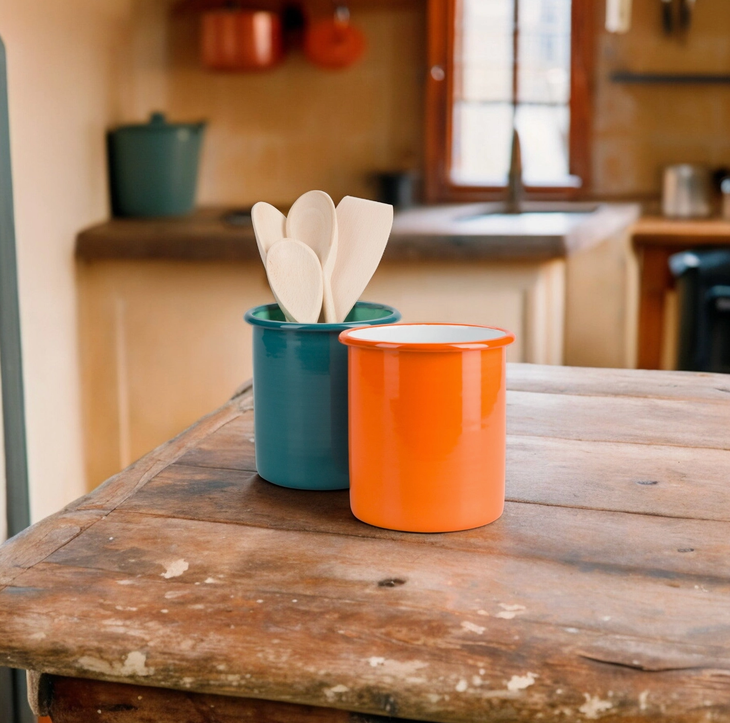 kitchen scene with wood table and orange and teal utensil holders