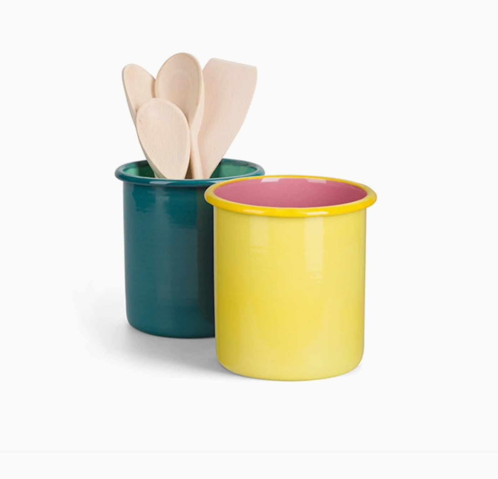 2 holders, one teal holding wooden utensils and one yellow and rose