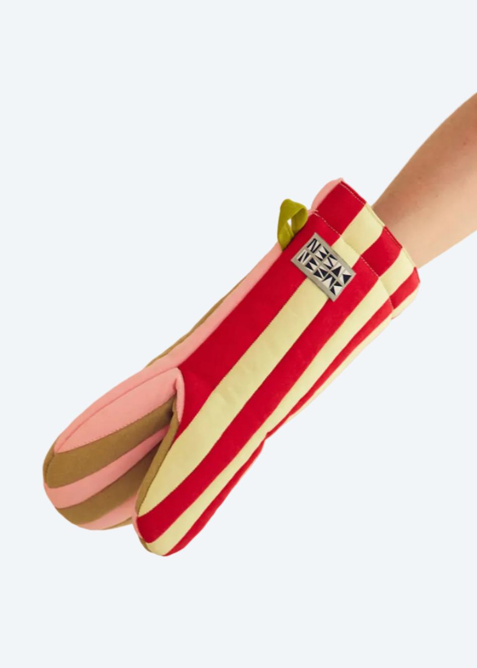person wearing a striped pot holder
