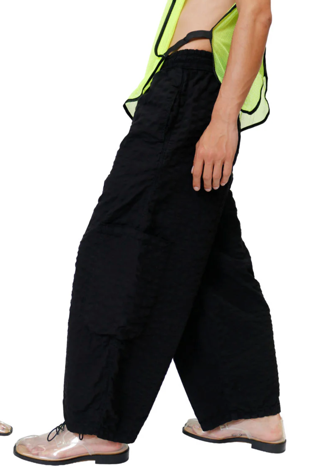 wide seersucker pants on a person