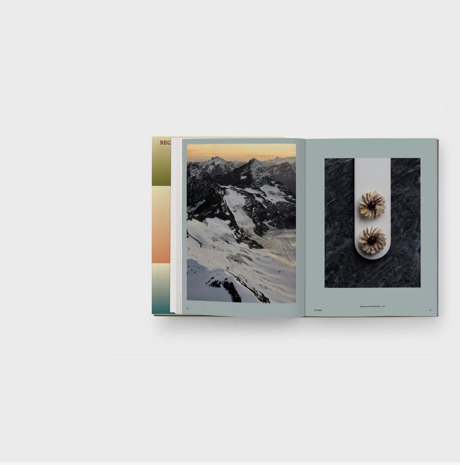 interior of book with snowy mountains on left and cookies on right 