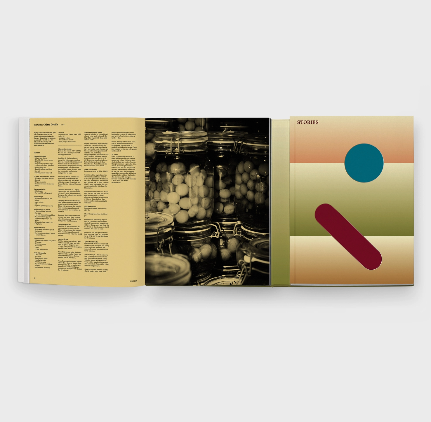 interior of book with chapter head, contents list and photo of jarred food