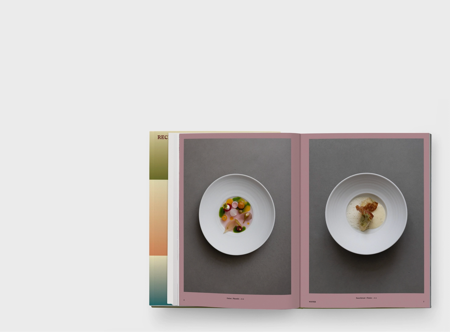 interior of book with two intricate dishes of food with creative ingredients