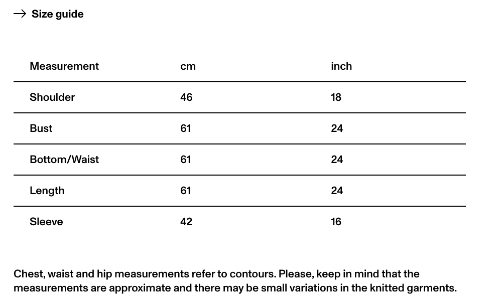 A size guide table showing garment measurements in centimeters and inches, including shoulder, bust, bottom/waist, length, and sleeve measurements with a note about contour measurements.