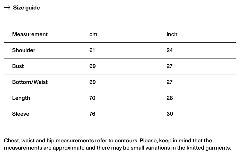 Size guide table showing garment measurements in centimeters and inches, including shoulder, bust, bottom/waist, length, and sleeve, with a note about contour measurements.