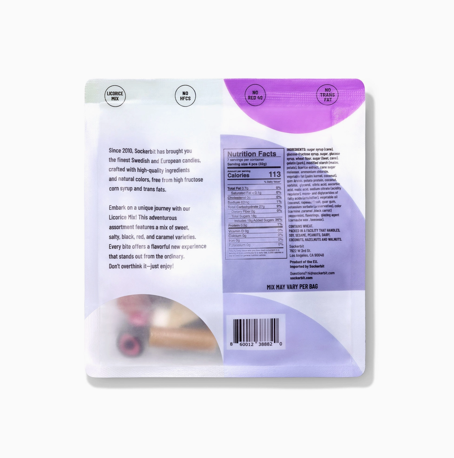 The back of a Sockerbit brand candy, featuring product information, nutrition facts, and a white and purple background.
