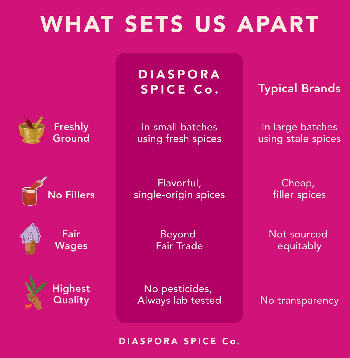 A pink and magenta infographic titled 'WHAT SETS US APART' comparing 'Diaspora Spice Co.' against 'Typical Brands' with icons and text highlighting qualities like freshly ground spices, no fillers, fair wages, and highest quality.