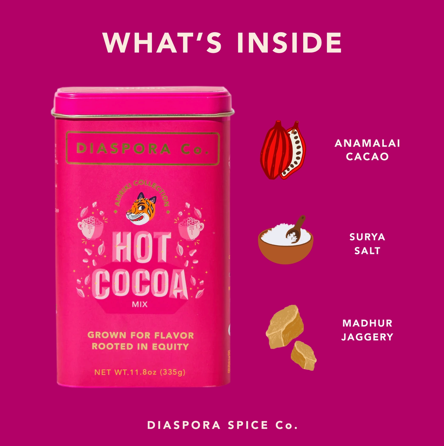 A bright pink tin of Diaspora Co. Hot Cocoa Mix on a magenta background with illustrated ingredient callouts reading Anamalai Cacao, Surya Salt, and Madhur Jaggery, plus the text WHAT'S INSIDE and DIASPORA SPICE Co.