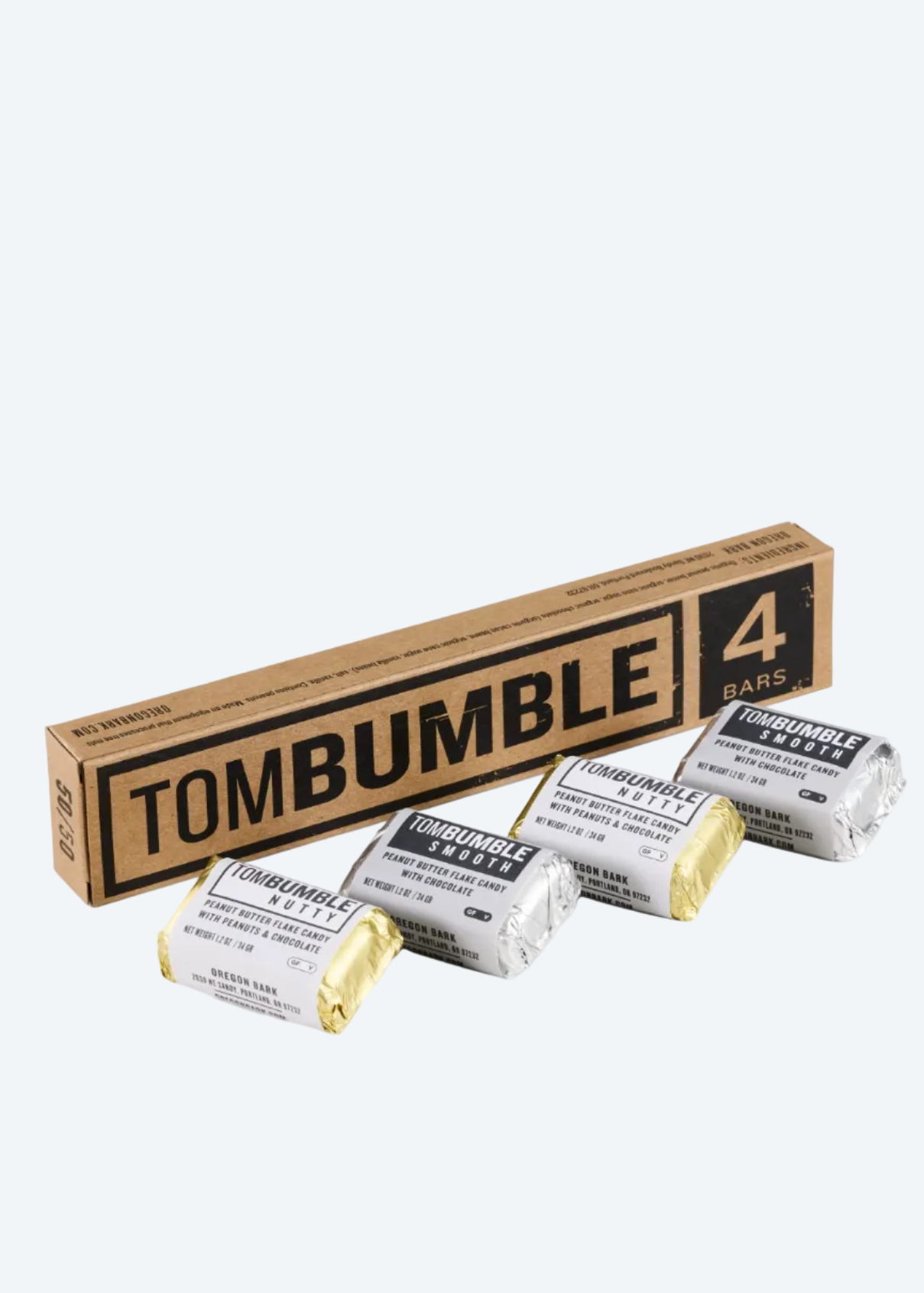  Tombumble peanut butter flake candy with chocolate. The main product display features a brown cardboard box labeled '4 BARS' and four individually wrapped silver foil candy bars with gold accents.