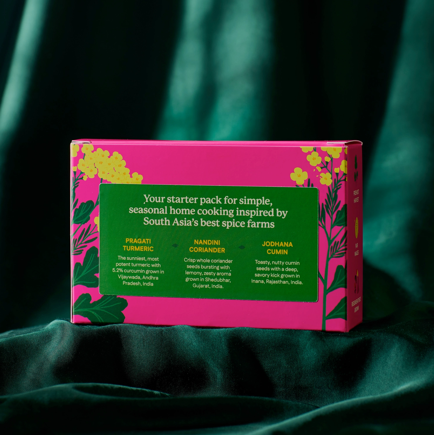 A boxed spice starter pack sits on draped dark green fabric. The box is bright pink with floral illustrations and a large green front label containing white text about the included spices: Pragati Turmeric, Nandini Coriander, and Jodhana Coriander.