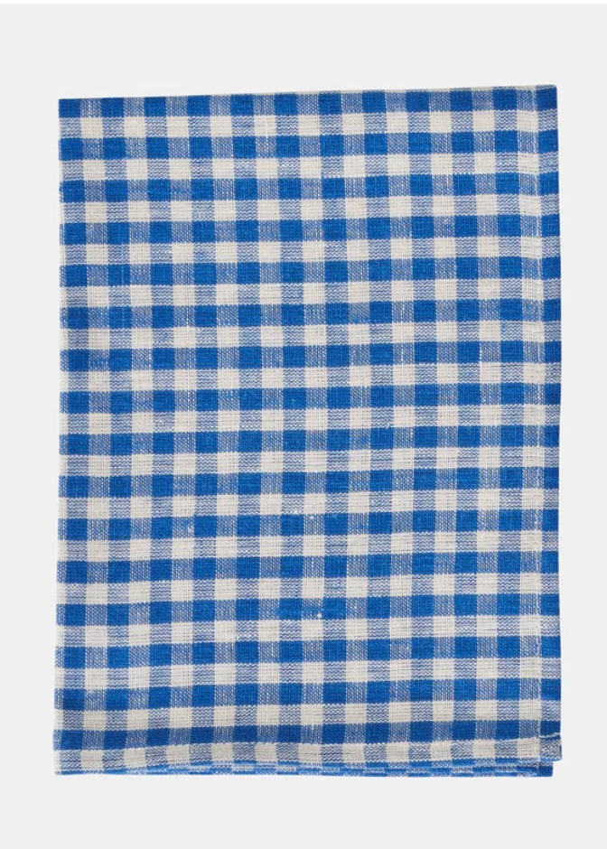 A folded blue and white gingham checkered fabric item, likely a napkin or small cloth, shown flat against a light gray background.