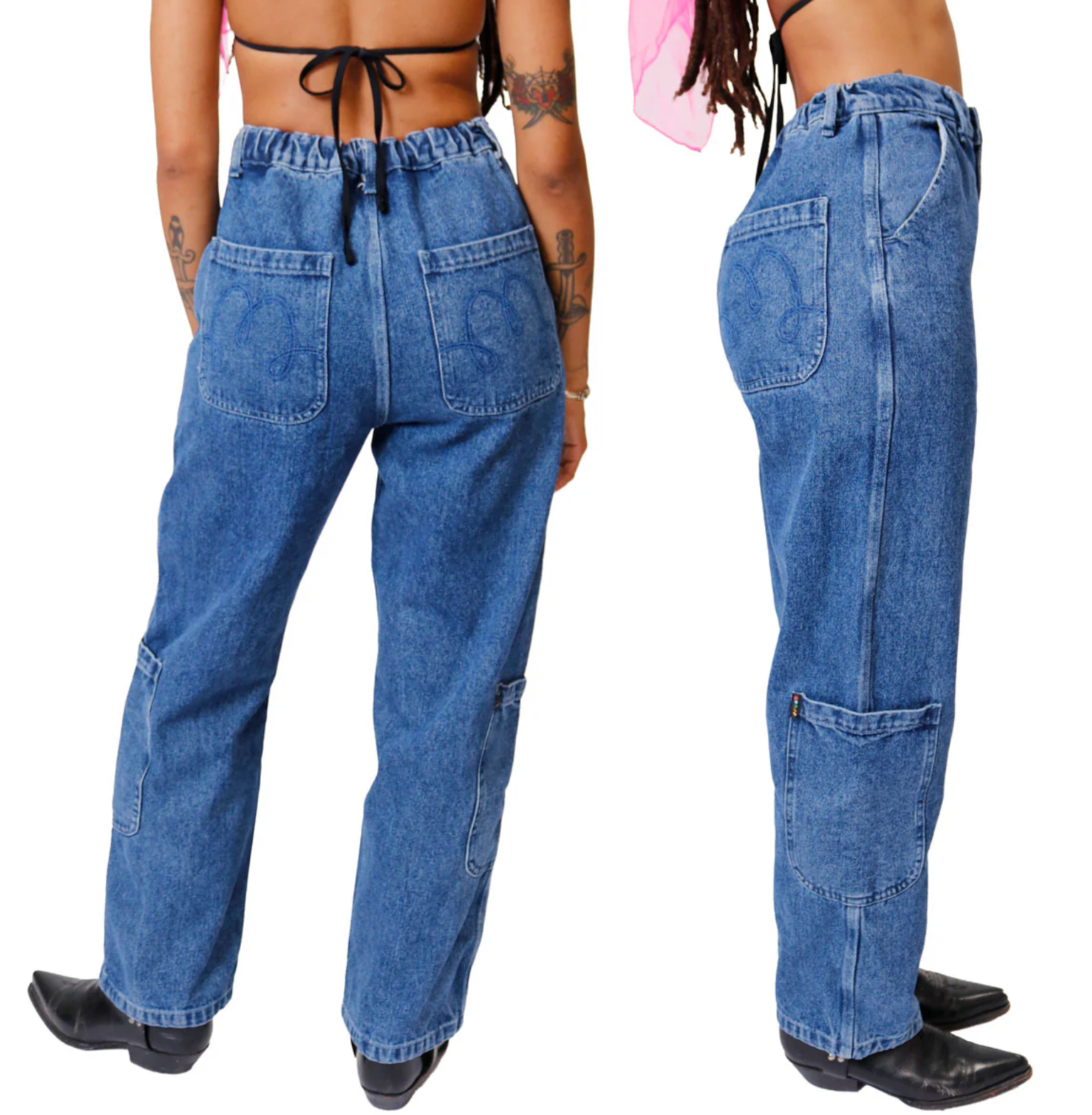 A model shown from the back wearing loose, wide-leg blue denim jeans with a drawstring waistband and cargo-style pockets, photographed against a plain white background.