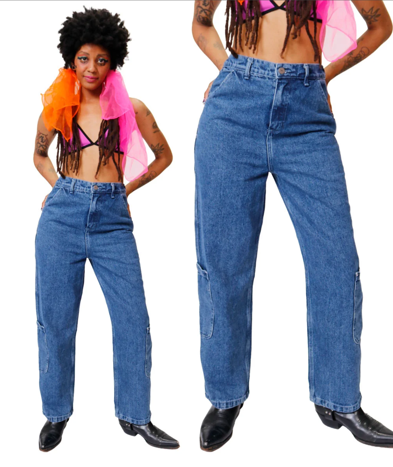 A catalog screenshot showing a model wearing blue high-waisted, wide-leg jeans with a black and pink bralette and bright pink/orange hair accessories