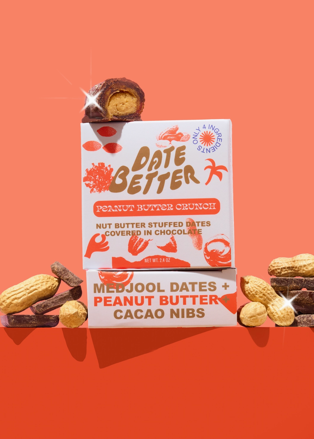 Two boxes of Date Better snack products on a bright orange background, with peanuts and chocolate-covered dates arranged around them. The top box reads 'Date Better Peanut Butter Crunch' and the bottom box reads 'Medjool Dates + Peanut Butter Cacao Nibs'.