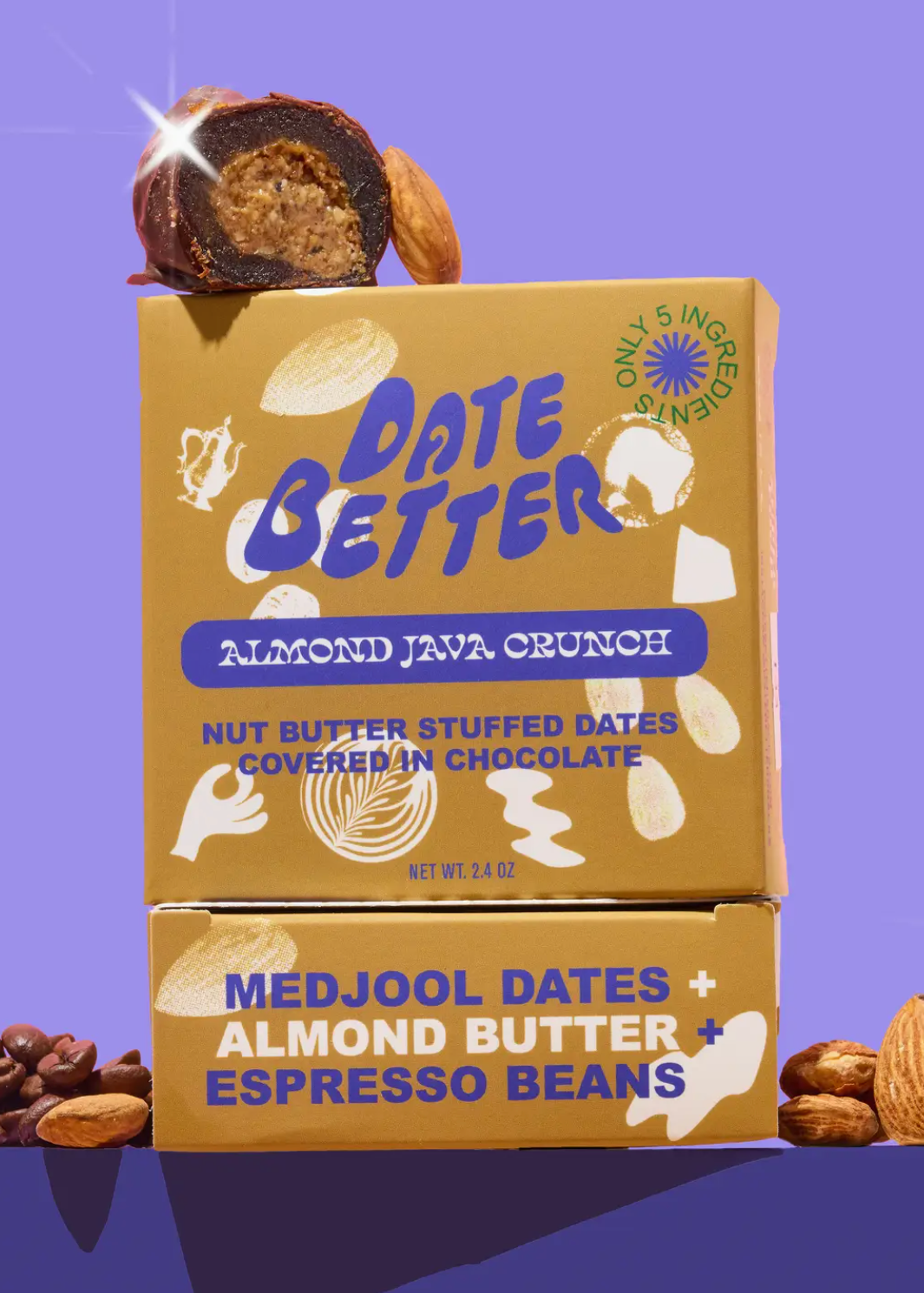Two stacked boxes of Date Better Almond Java Crunch nut butter stuffed dates covered in chocolate, displayed on a purple background with almonds, chocolate pieces, and a cut-open date snack around them.