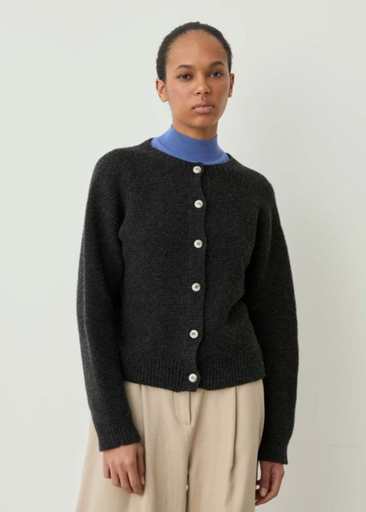 charcoal cardigan on model