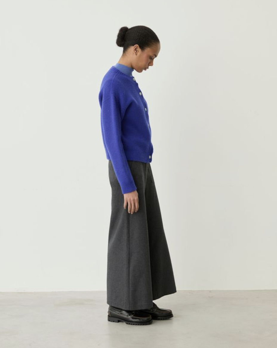 button up blue cardigan on model