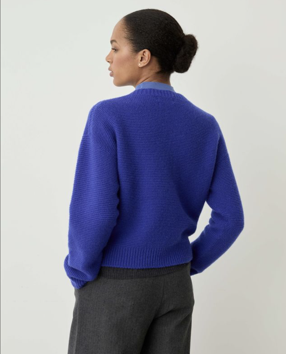 button up blue cardigan on model