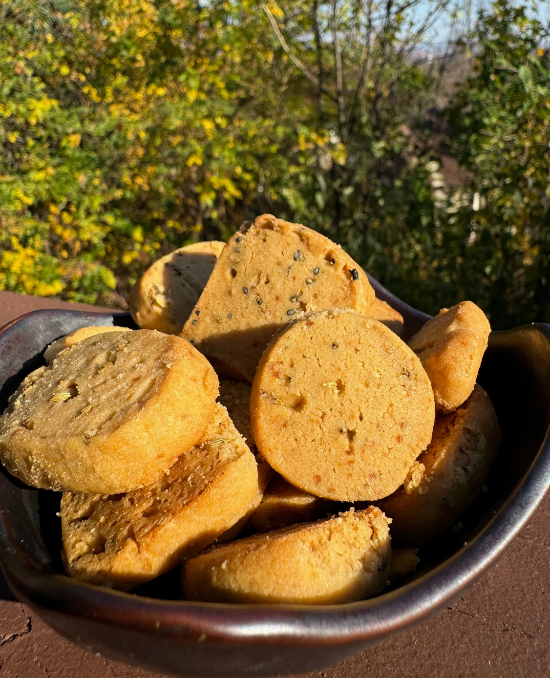Round and triangular golden-brown cookies with visible dark flecks, piled in a dark bowl outdoors with blurred green and yellow foliage in the background.