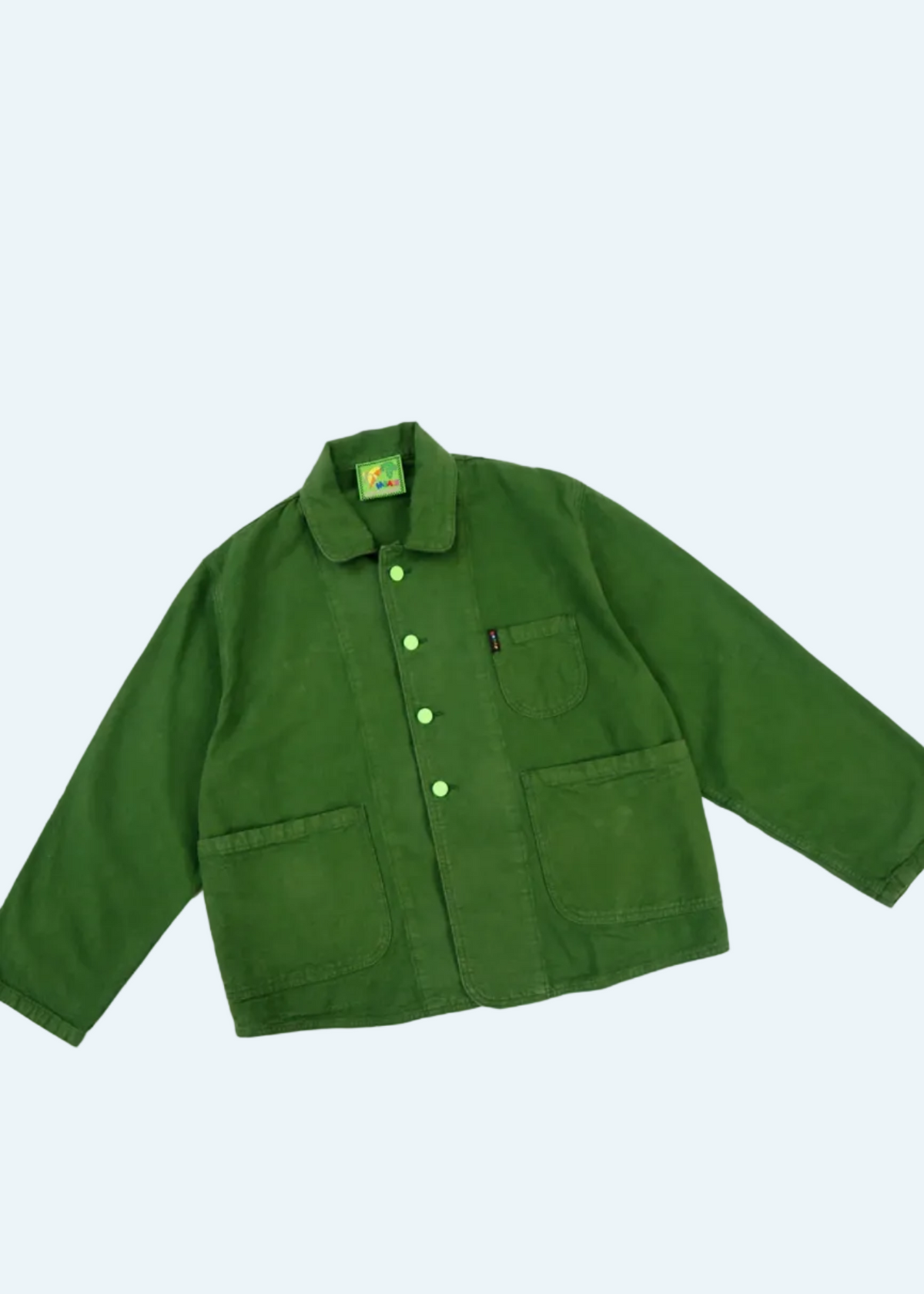 kale green chore jacket with neon green buttons