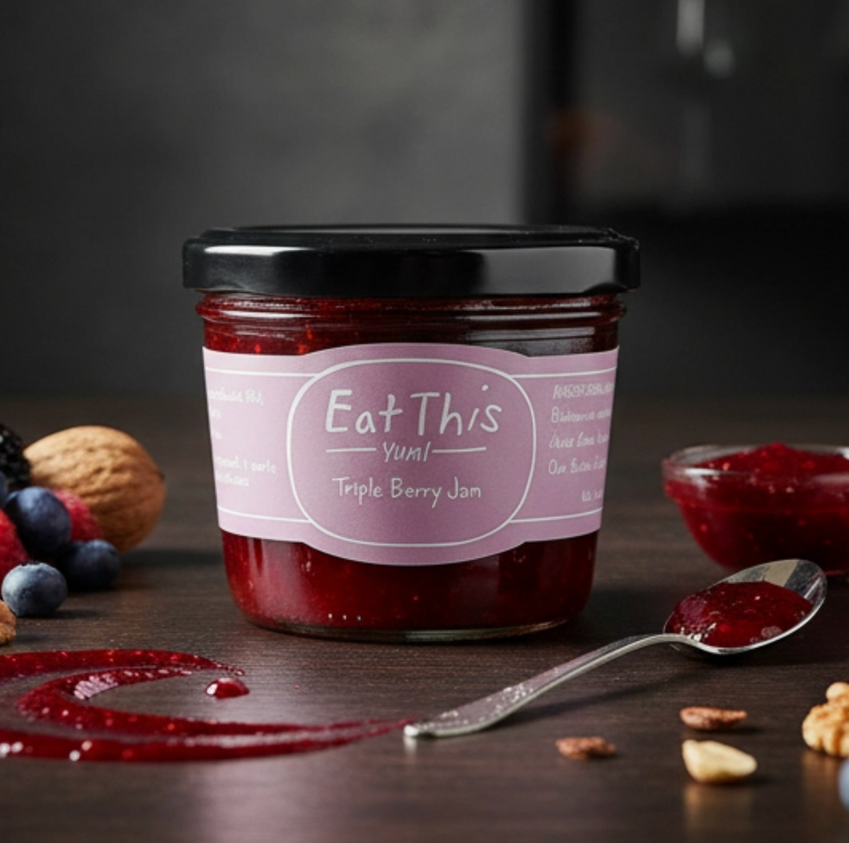A glass jar of Eat This Yum! Triple Berry Jam sits on a dark wooden table surrounded by fresh berries, a walnut, a spoonful of jam, and scattered berry sauce. The jar has a black lid and a pink label.