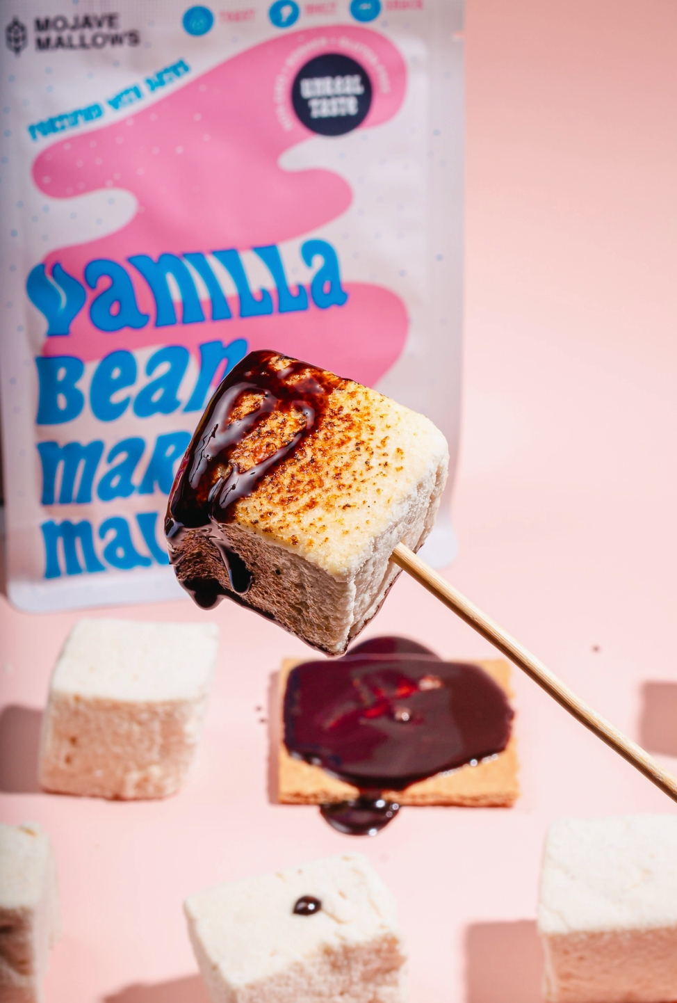 A marshmallow with toasted browned spots and drizzled chocolate on a wooden stick, held in front of a bag labeled Vanilla Bean Marshmallows. More marshmallows and chocolate drizzle are scattered on a soft pink background.