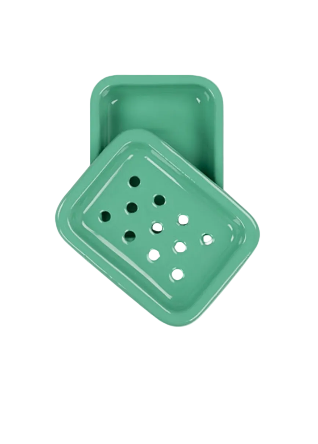A mint green enamel soap dish with a slotted bottom, shown with a second matching dish behind it on a clean white background.