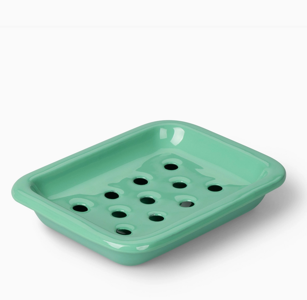A mint green rectangular enamel soap dish with drainage holes, shown on a clean white background.