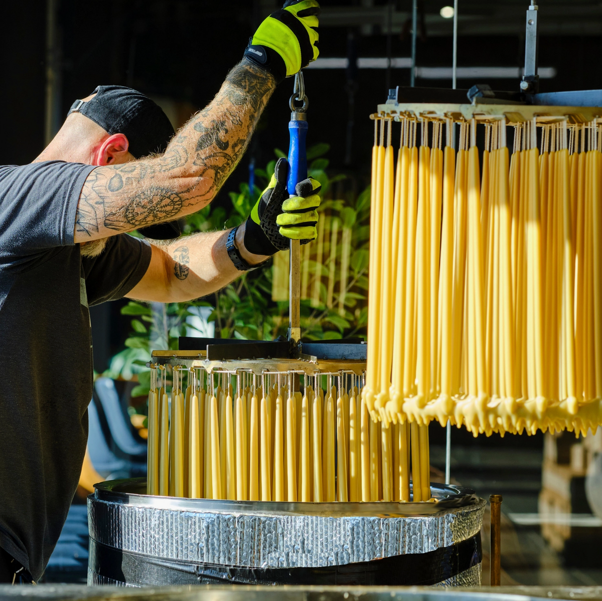 a person hand dipping a huge amount of beeswax candles