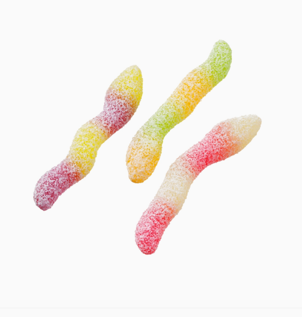 Three sugar-dusted gummy worms in yellow, green, and red colors, arranged diagonally on a solid white background.