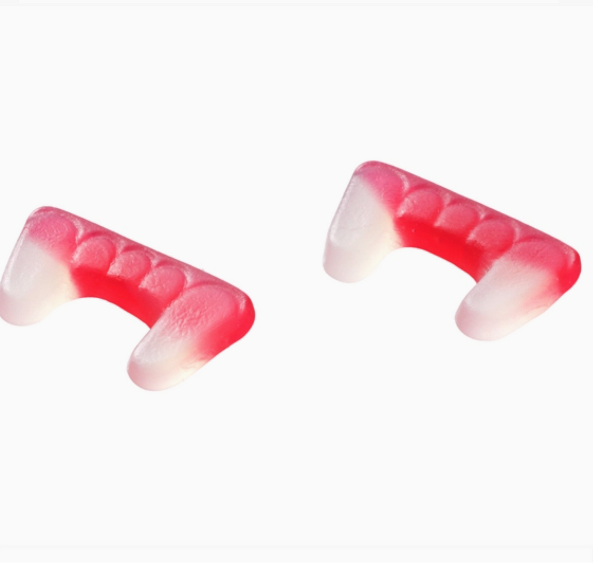 Two red and white crescent-shaped dental gummy strips on a plain white background.