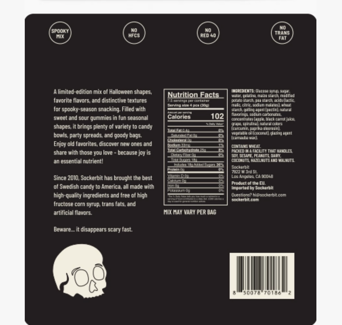 Back of a candy mix bag package in black, showing nutrition facts, ingredients, flavor text, a circular warning label, and a barcode.