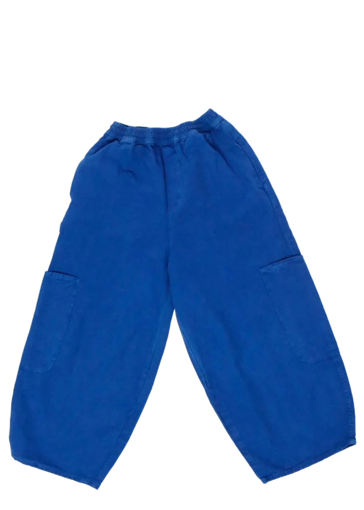 A pair of bright royal blue drawstring pants with large side pockets, shown flat against a white background.