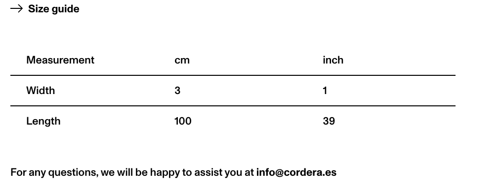 A size guide table showing measurements in centimeters and inches for width and length, with a website contact email at the bottom.