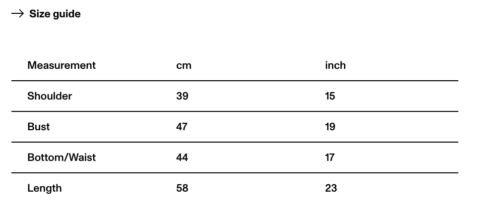 Size guide table with measurements in centimeters and inches for shoulder, bust, bottom/waist, and length.