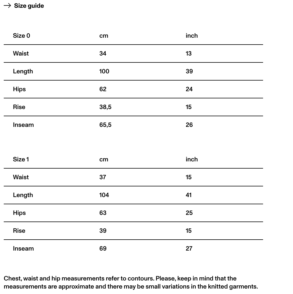 A size guide table for knitted garments showing measurements in centimeters and inches for Size 0 and Size 1, including waist, length, hips, rise, and inseam, with a note at the bottom about approximate measurements.
