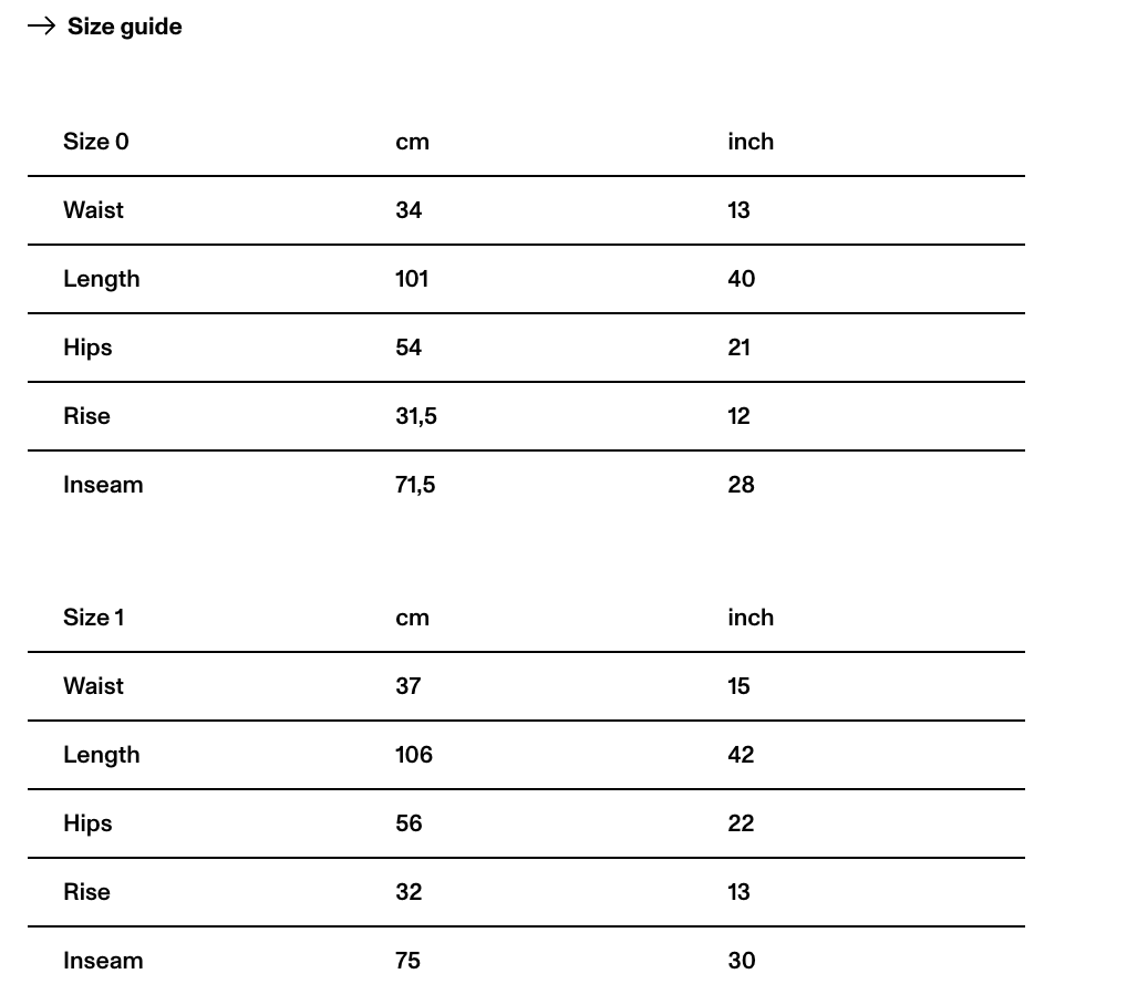 A size guide table for apparel measurements, showing rows for sizes 0 and 1 with columns for waist, length, hips, rise, and inseam in centimeters and inches.