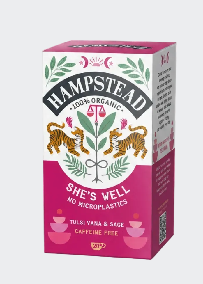 pink and white tea box with floral and tiger drawings and Hampstead branding