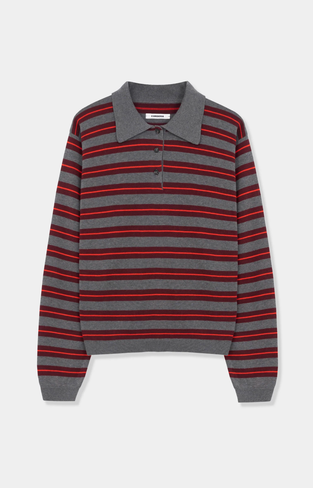 red and gray striped polo